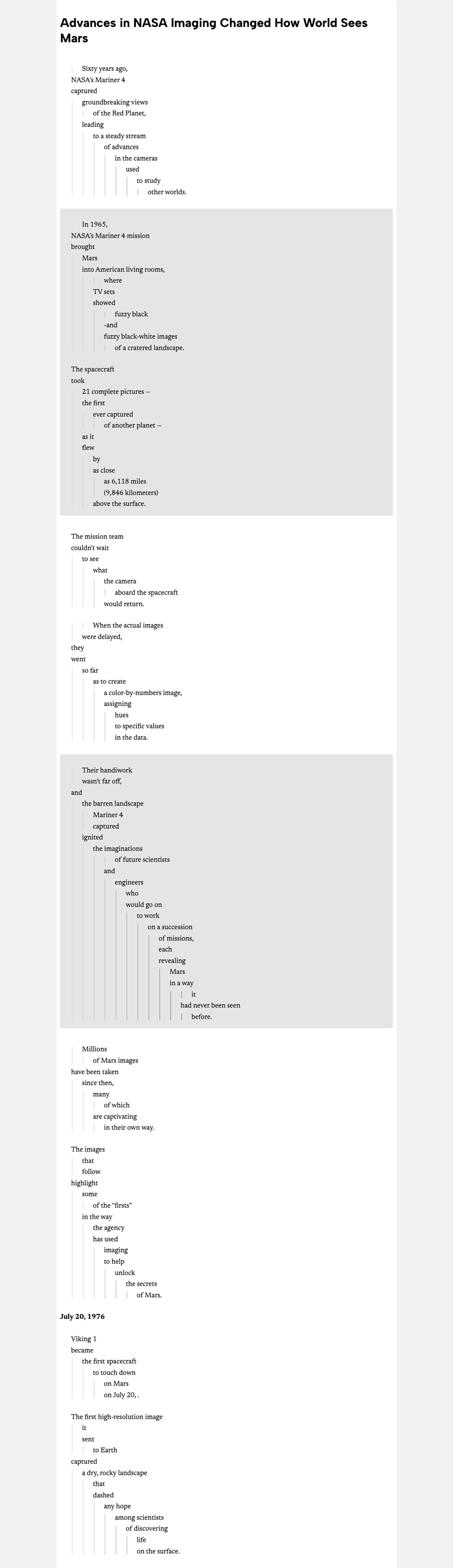 The same article reshaped by Cascade into indented phrases, scrolling slowly