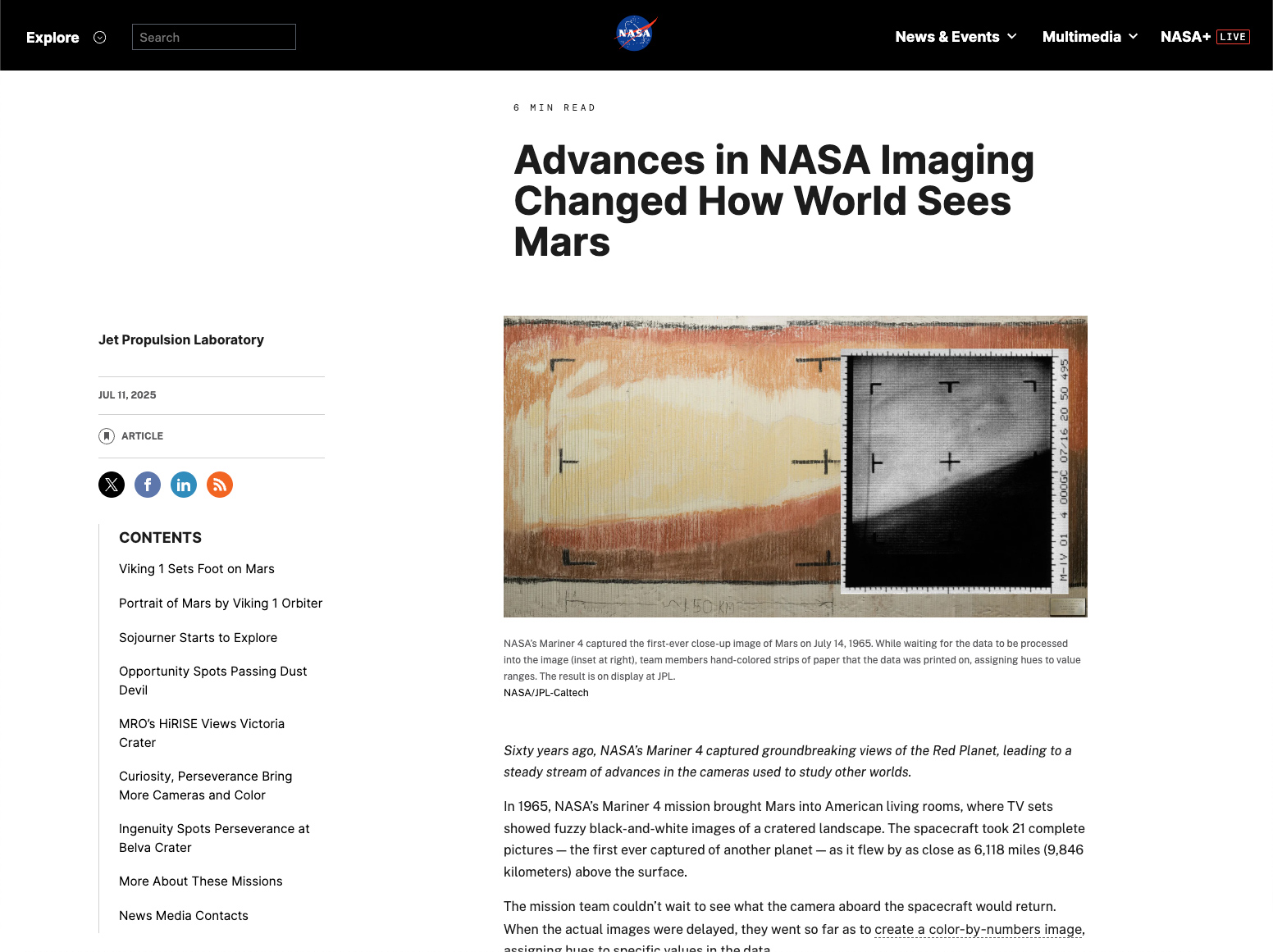 A NASA article about Mars imaging shown as ordinary paragraphs, before Cascade