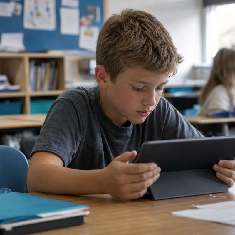 A child reading on a tablet at a classroom desk