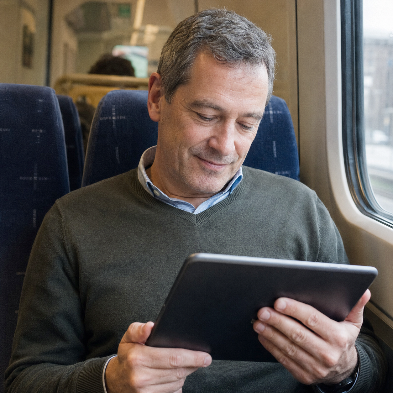 A man reading on a large tablet